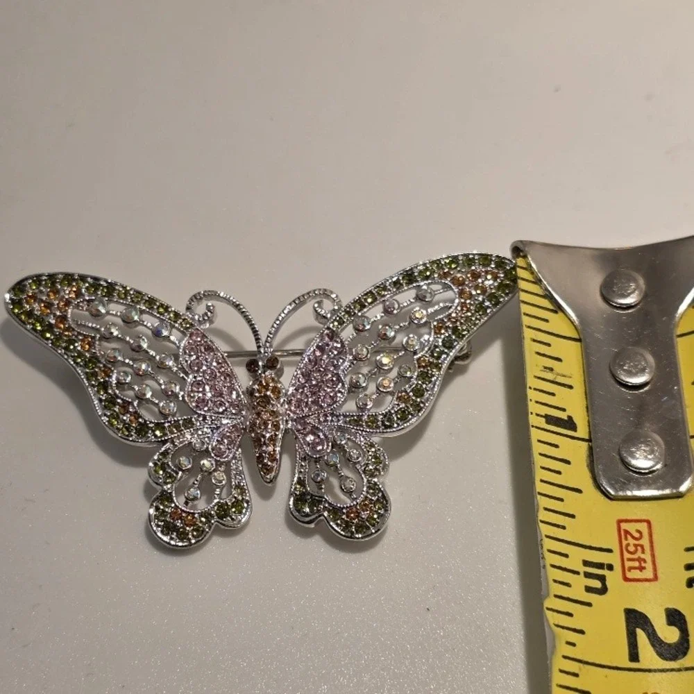 VTG Multi-Color Rhinestone Butterfly Brooch Silver Filigree‎ Spring Jewelry - Picture 8 of 12